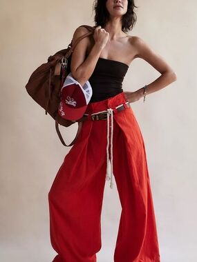 Free People High-Rise Wide-Leg Red Linen-Blend Pants